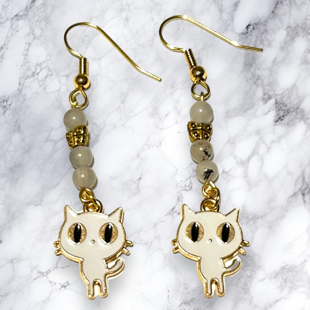 Hand Crafted Earring Cats Tourmaline Quartz Kitty White Butterfly Pierced